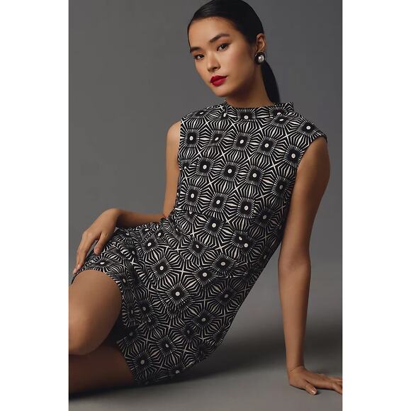 nwt by ANTHROPOLOGIE sz L Mock-Neck Sleeveless Seamed Dress black white - Picture 2 of 5